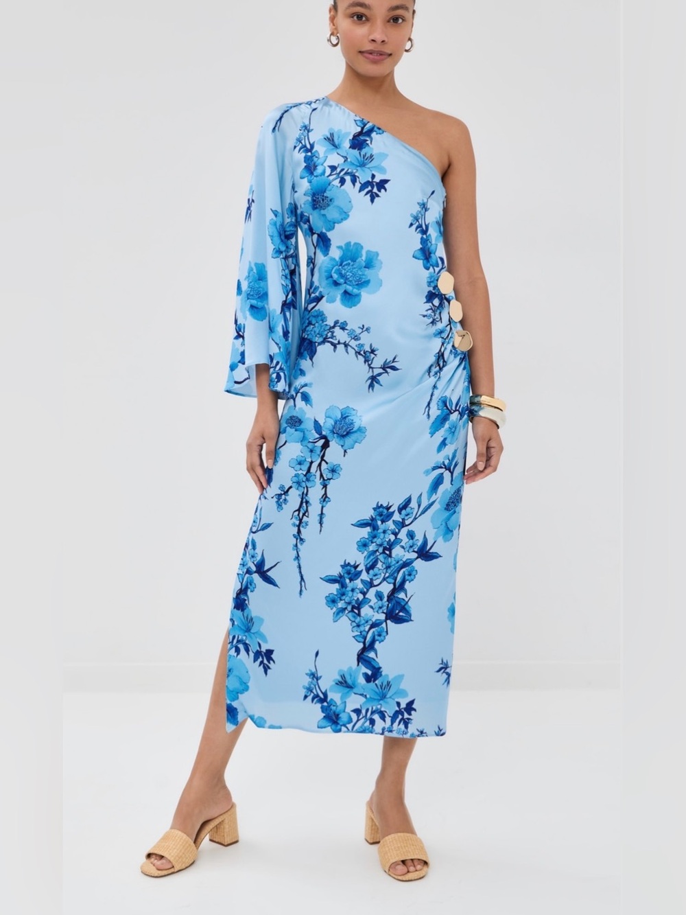 Borgo De Nor Atlantis Crepe Satin Cherry Blossom Blue One Shoulder Floral Dress